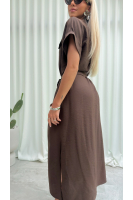Sukienka Koszulowa Maxi Premium Wiązana w Pasie Elegancka Oversize Guziki Kieszenie - brąz